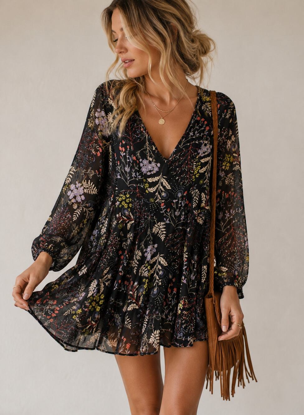Kimchi Blue Black Floral Mini Dress Womens 4 Long Sheer Sleeve Boho Casual